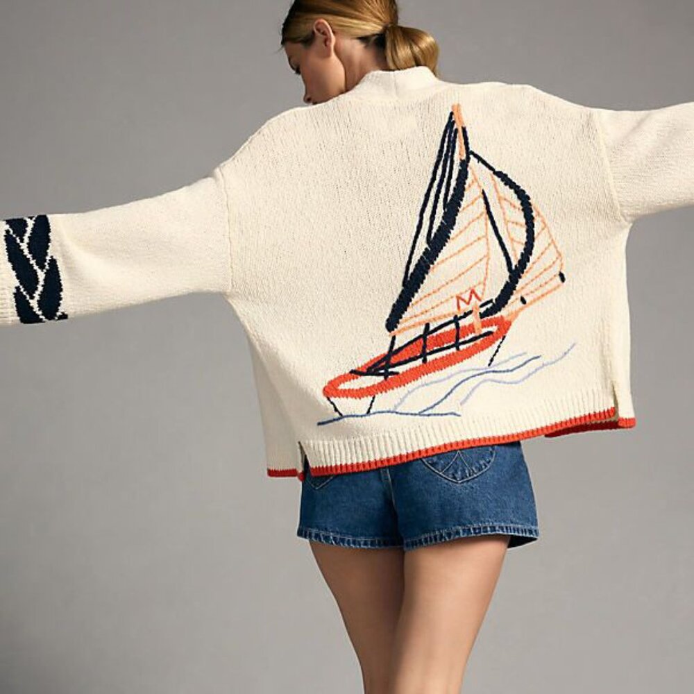 Maeve Anthropologie Maggie Sailboat Nautical Open Cardigan Sweater NWT: SIZE M/L